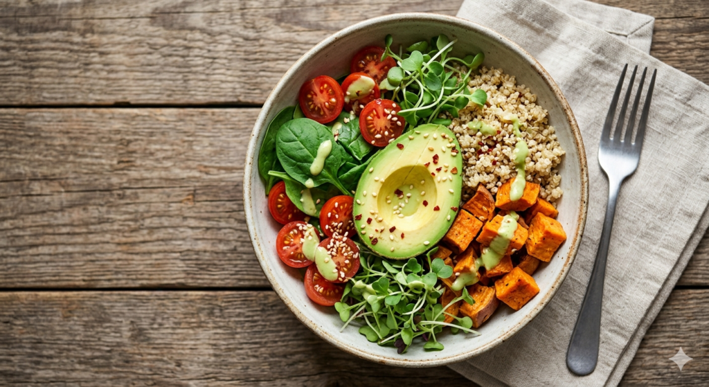 Bowl of quinoa avocado cherry tomatoes greens and roasted sweet potatoes on a rustic wooden table with a fork beside it