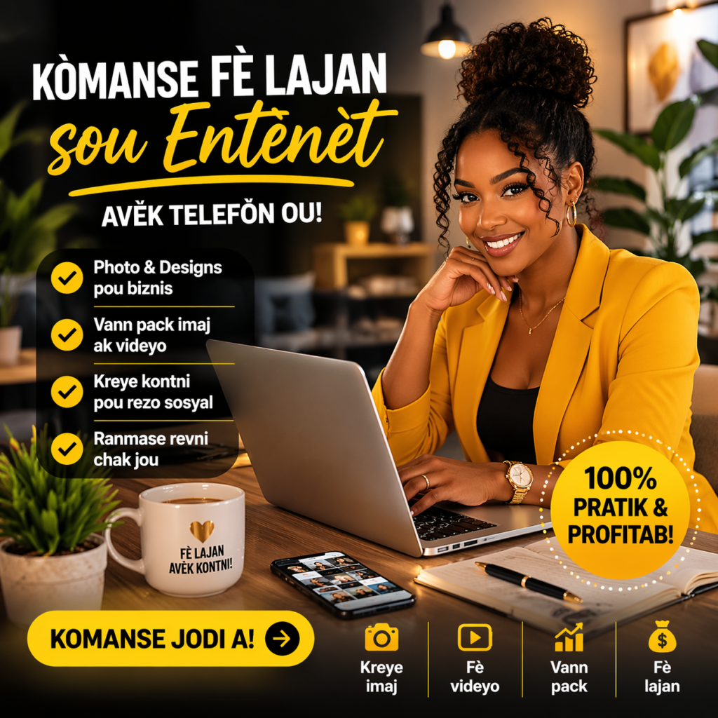 Promotional photo of a smiling woman at a desk with a laptop bold creole text about a business course and bullet features on the left 100 practical  profitable circle in yellow